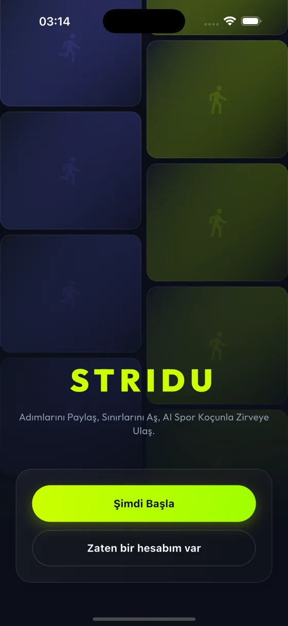 Stridu welcome screen with the wordmark and a Get started button.
