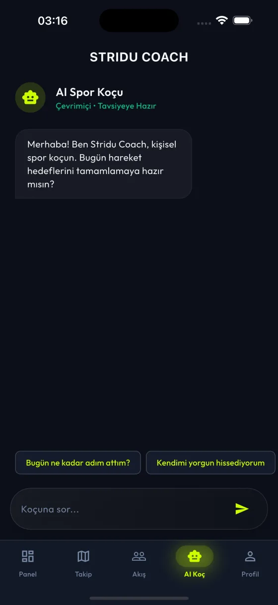 AI coach chat screen with suggested questions and a message input.