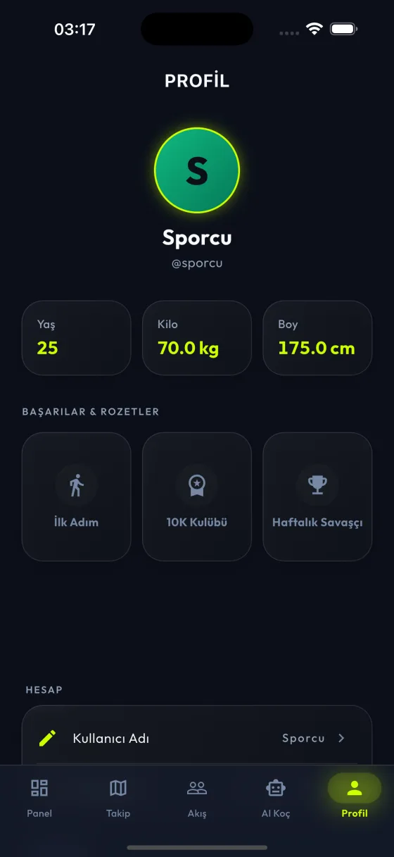 Profile screen with account settings, achievements, and data controls.